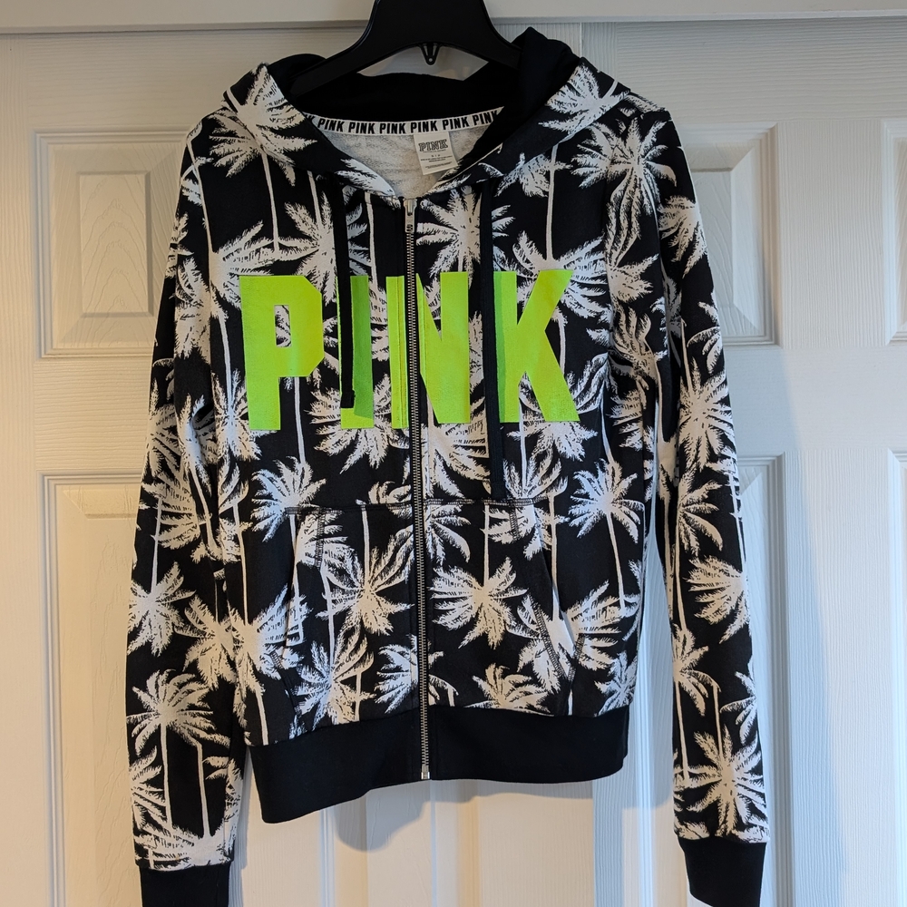 Black and White Palm Print Hoodie with Neon Green Lettering